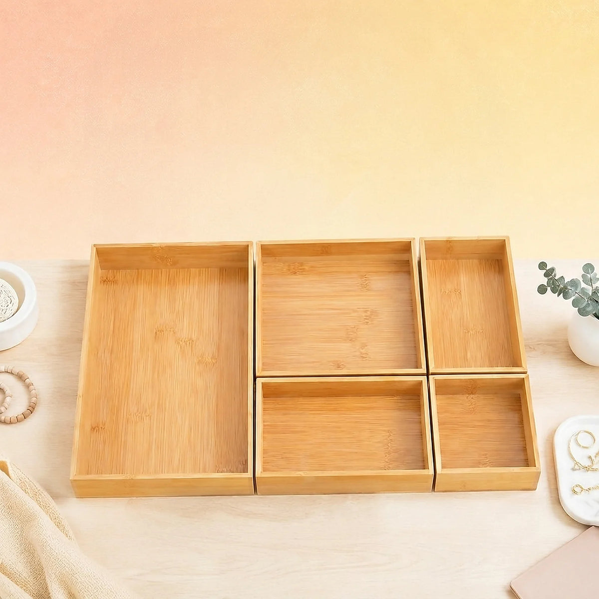 Stackable Bamboo Drawer Organizer Set